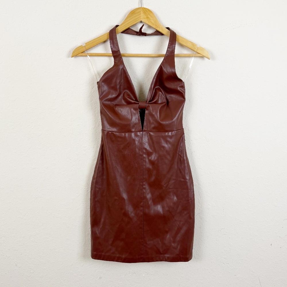Faux Leather Burgundy Halter Mini Dress